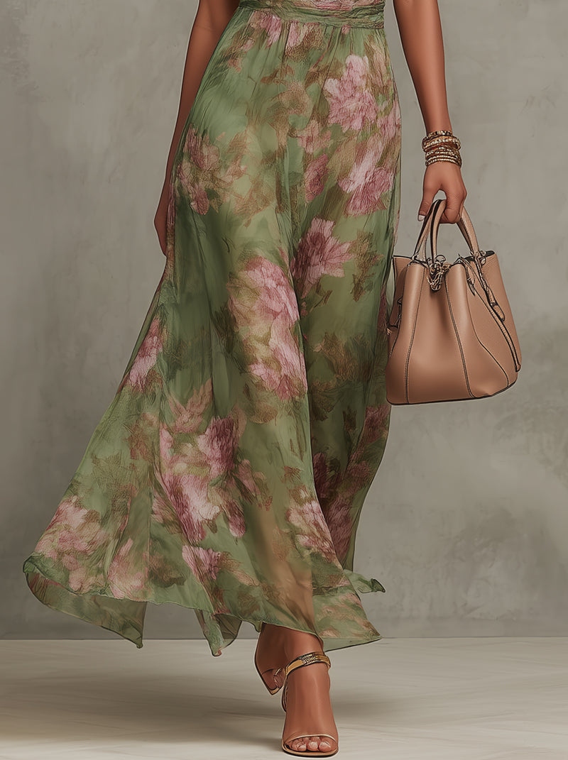 Serena ∙ Vestido largo verde de flores de gasa con cuello americano