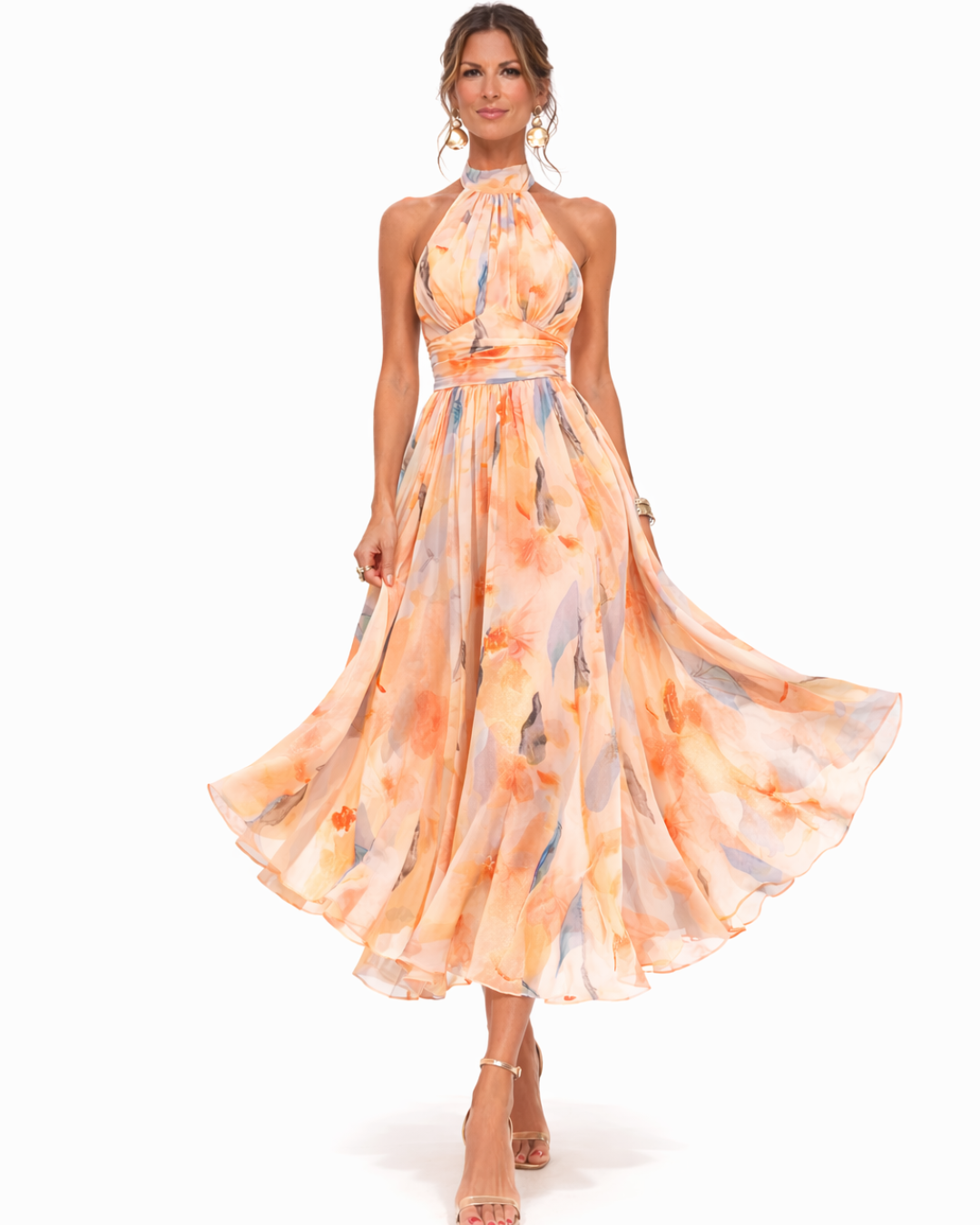 Aurora - Vestido con cuello americano y estampado de acuarela