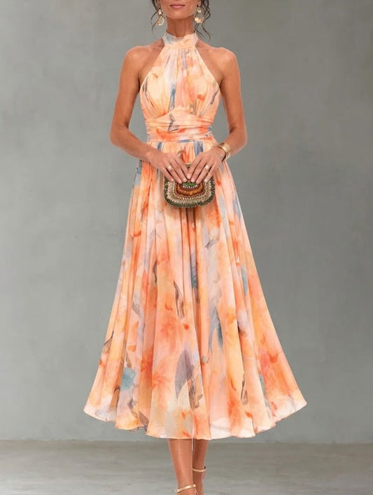 Aurora - Vestido con cuello americano y estampado de acuarela