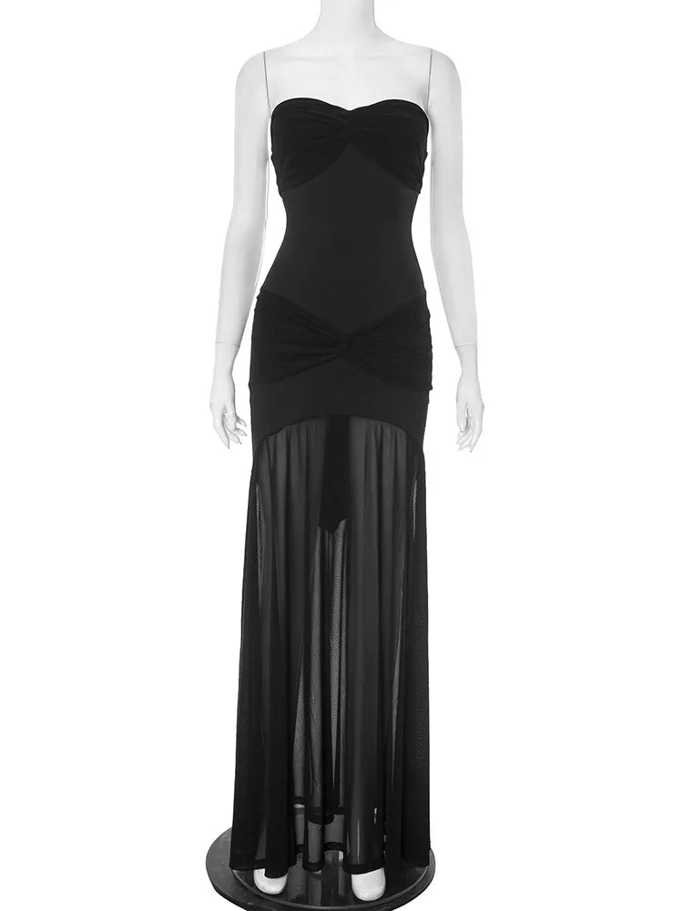 Vestido largo sin tirantes con fruncidos para mujer