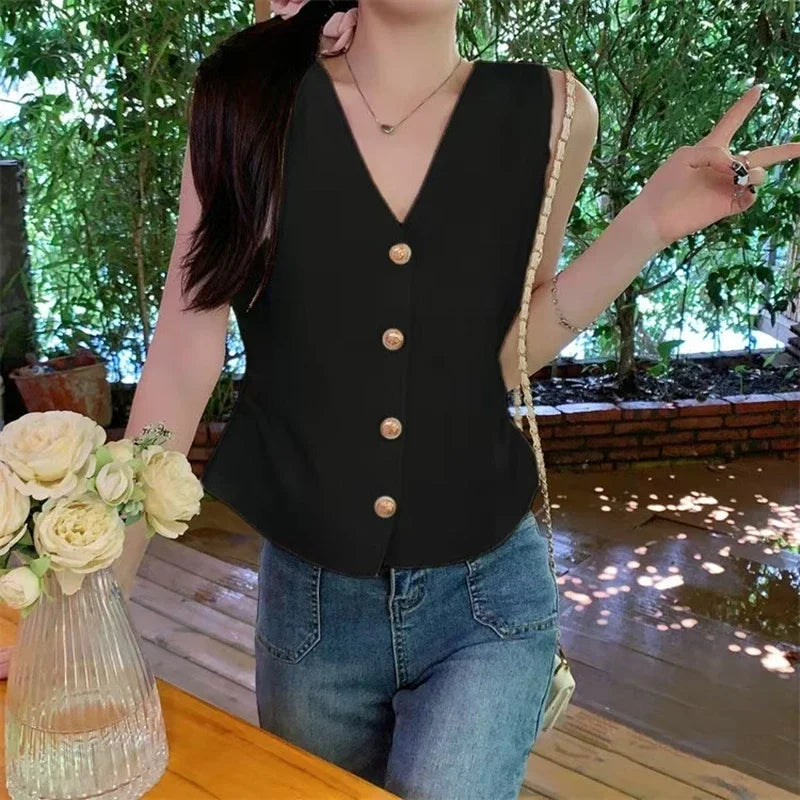 Chaleco con cuello en V y cintura fruncida