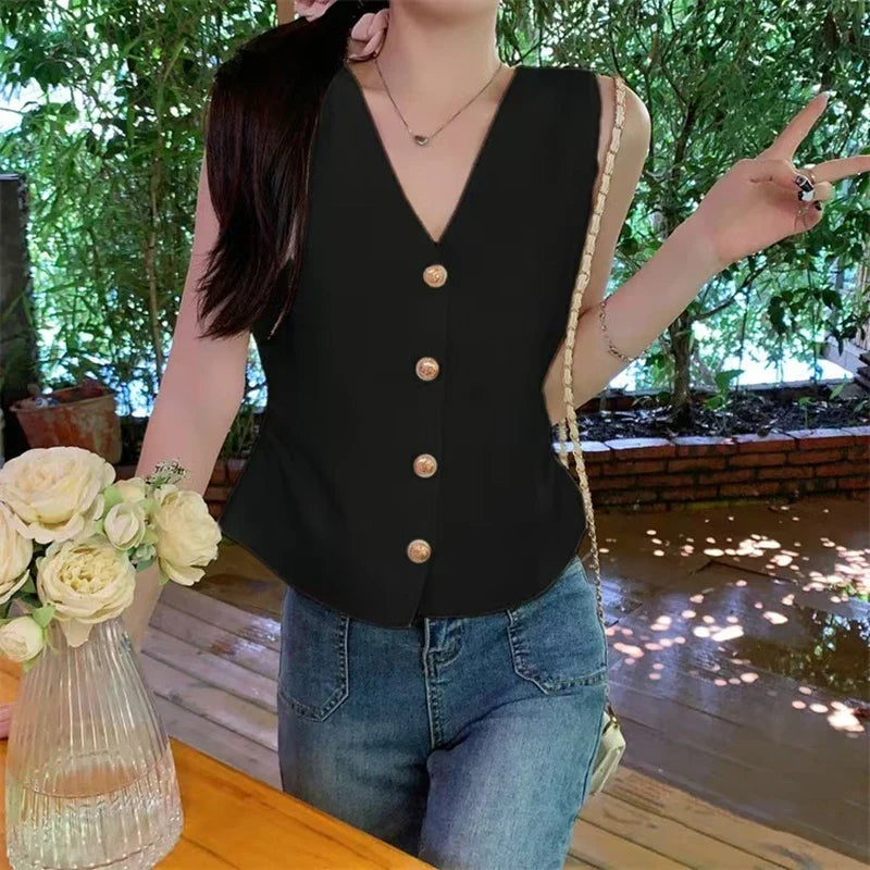 Chaleco con cuello en V y cintura fruncida