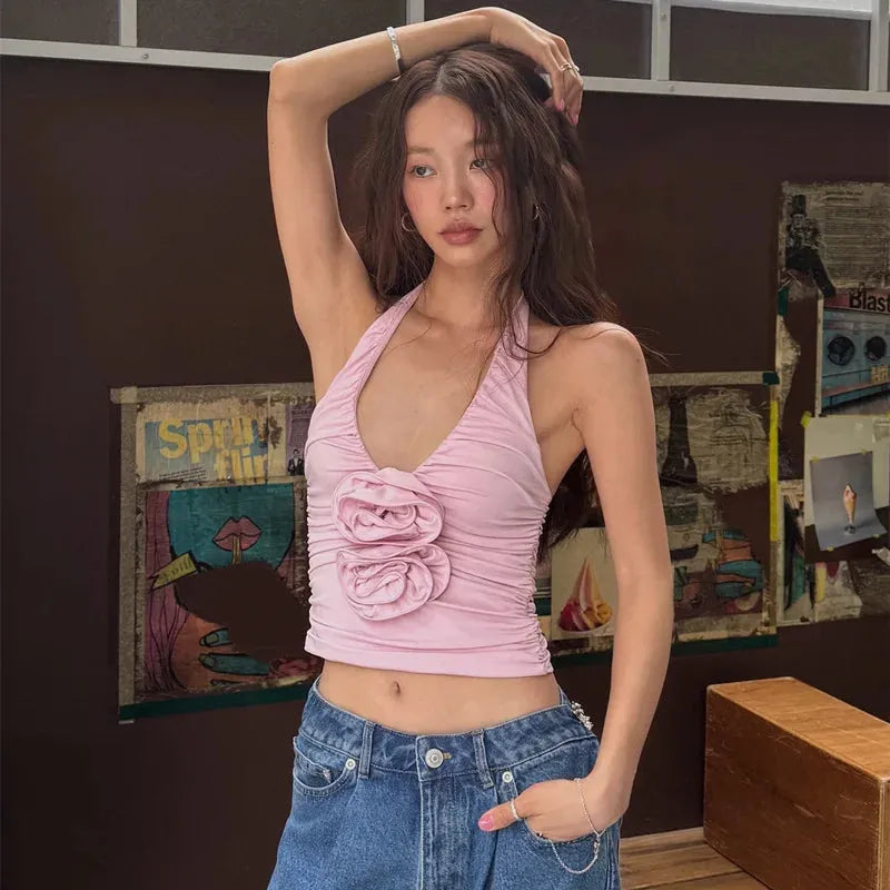 Top floral tipo halter de estilo suave