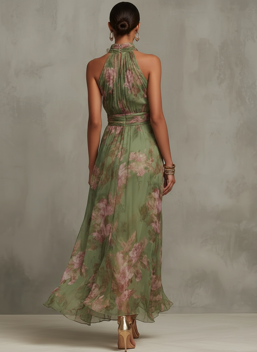 Serena ∙ Vestido largo verde de flores de gasa con cuello americano