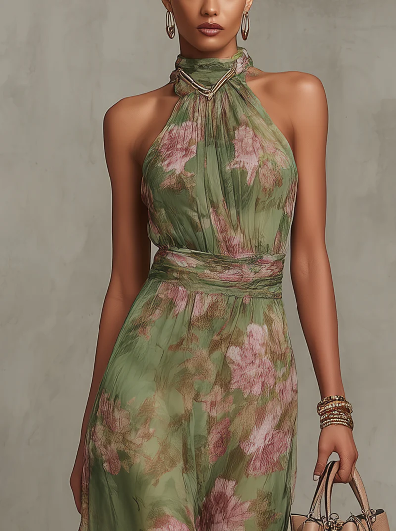 Serena ∙ Vestido largo verde de flores de gasa con cuello americano