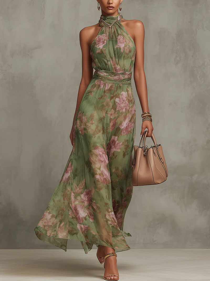 Serena ∙ Vestido largo verde de flores de gasa con cuello americano