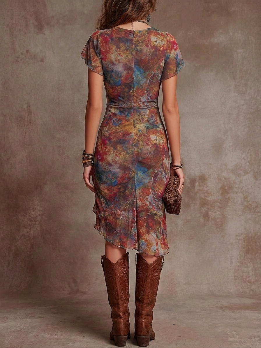 Martina - Vestido plisado con escote en V y estampado artístico abstracto de estilo bohemio