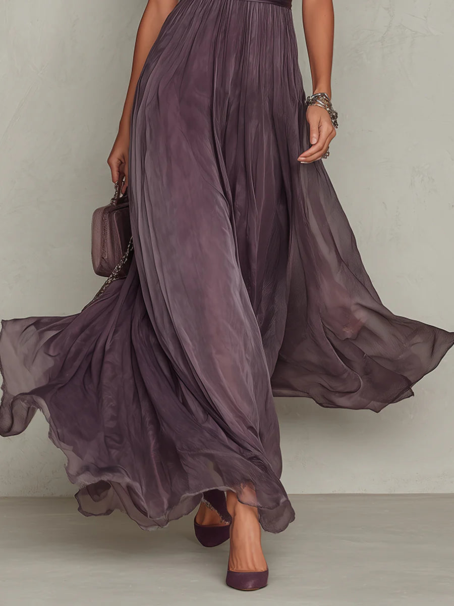 Flavia - Vestido largo morado con escote en forma de gota y ribete de encaje de gasa