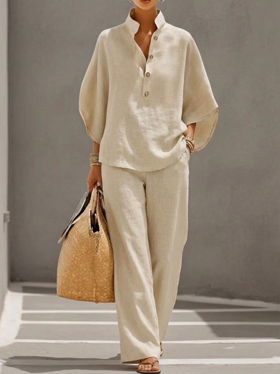 Conjunto de algodón y lino con mangas de murciélago y pantalones anchos