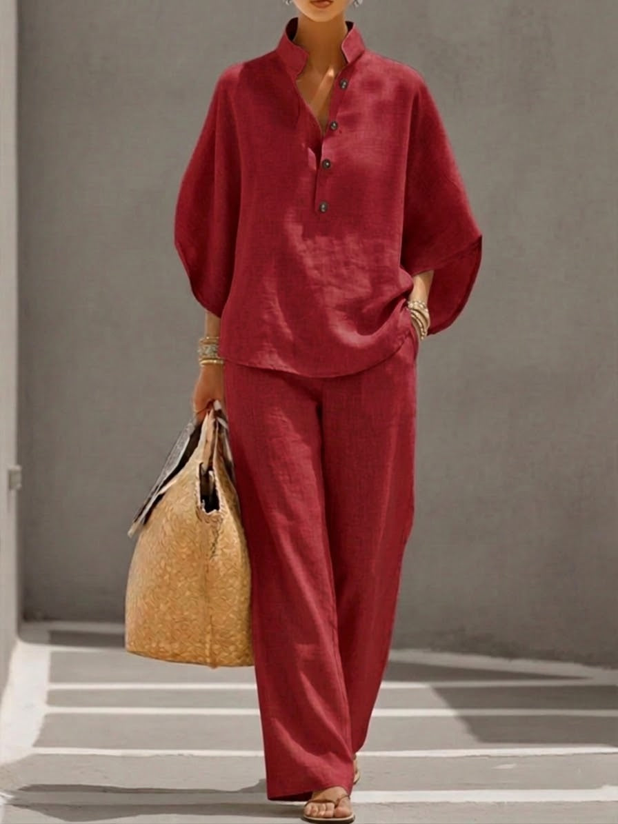 Conjunto de algodón y lino con mangas de murciélago y pantalones anchos