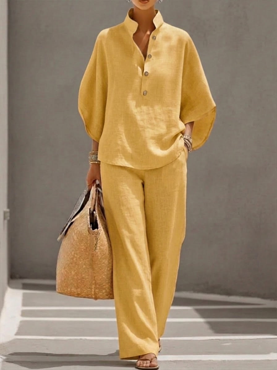 Conjunto de algodón y lino con mangas de murciélago y pantalones anchos
