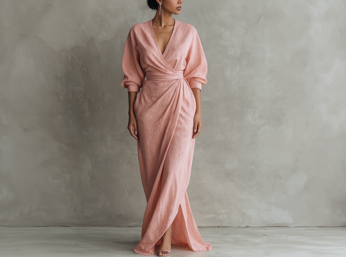 Vestido largo minimalista rosa con escote en V, de mezcla de lino