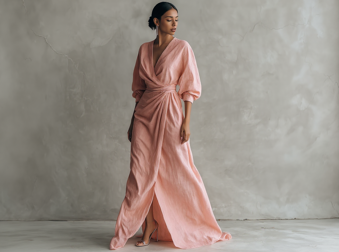 Vestido largo minimalista rosa con escote en V, de mezcla de lino
