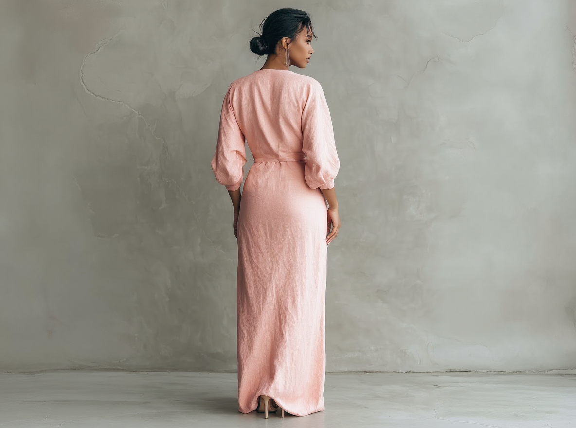 Vestido largo minimalista rosa con escote en V, de mezcla de lino