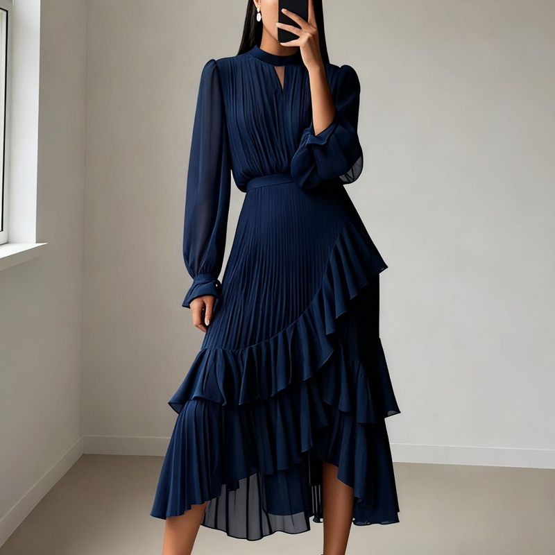 Elegante vestido plisado con volantes
