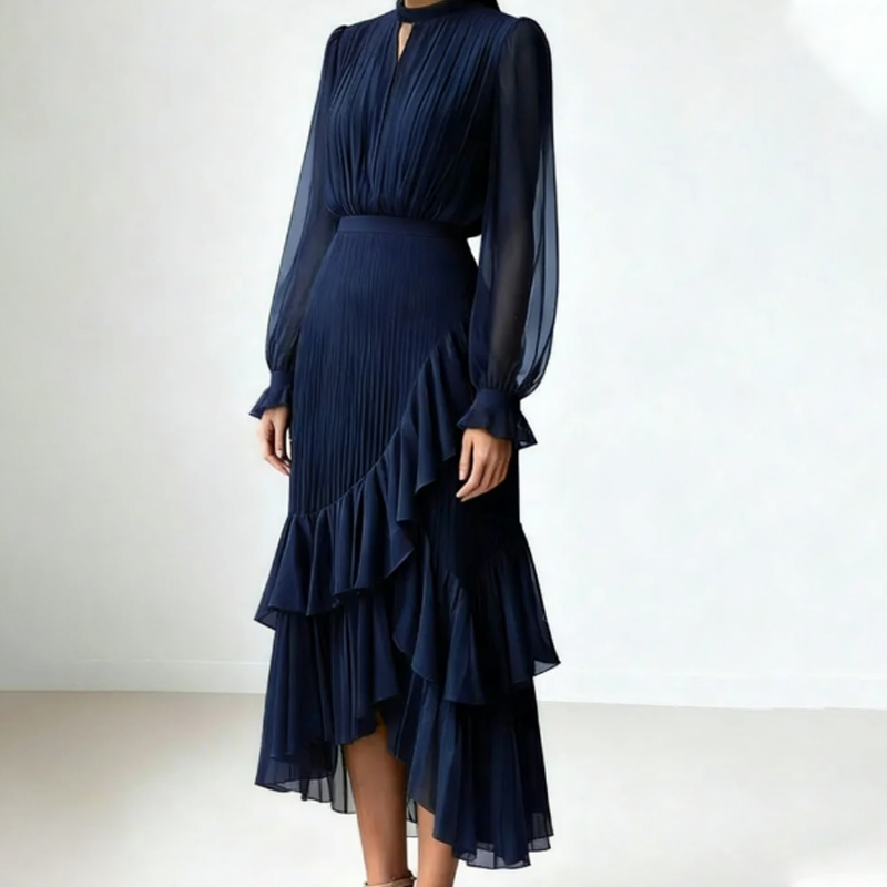 Elegante vestido plisado con volantes