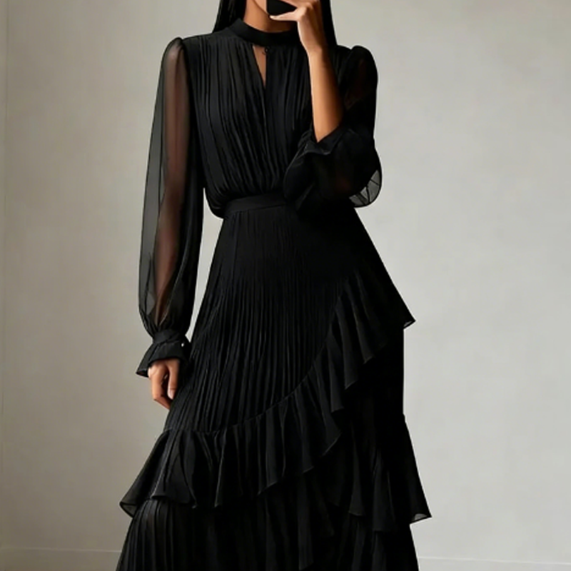 Elegante vestido plisado con volantes