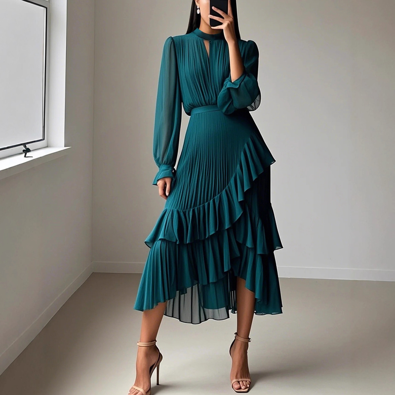Elegante vestido plisado con volantes